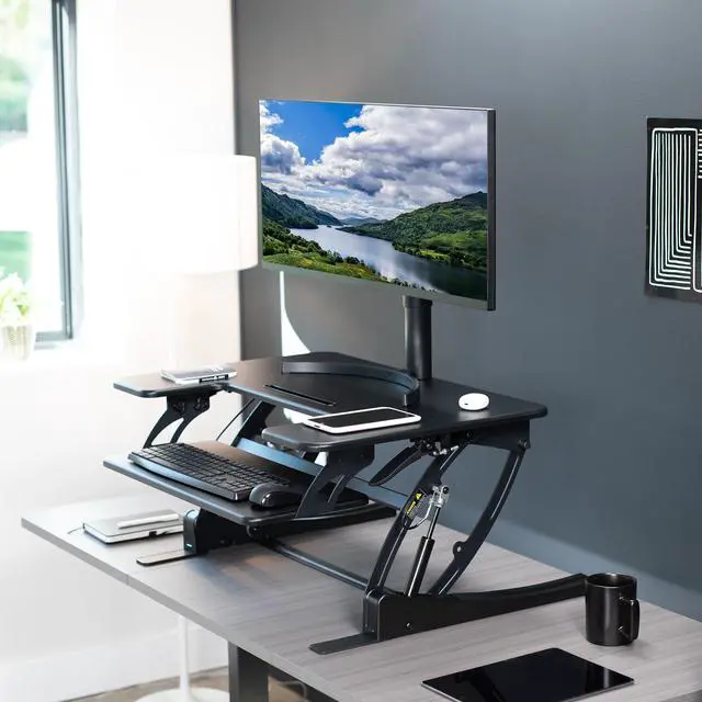 Alt view image 2 of 7 - VIVO Black Height Adjustable Stand up Desk Converter, 32" Sit to Stand Tabletop Monitor Riser (DESK-V000VS)