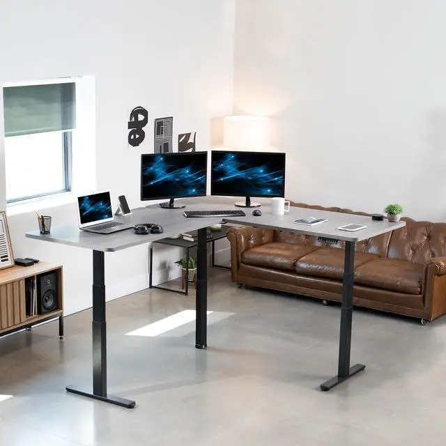 Alt view image 2 of 7 - VIVO Electric 77" x 71" Corner L-Shaped Standup Desk, Dark Gray 30" Deep Tabletops, Black Frame, DESK-KIT-3E7BG