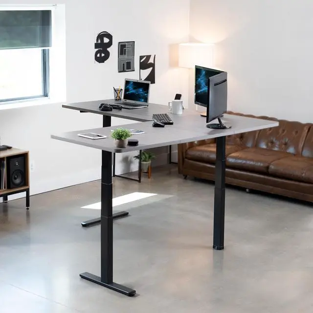 Alt view image 7 of 7 - VIVO Electric 77" x 71" Corner L-Shaped Standup Desk, Dark Gray 30" Deep Tabletops, Black Frame, DESK-KIT-3E7BG