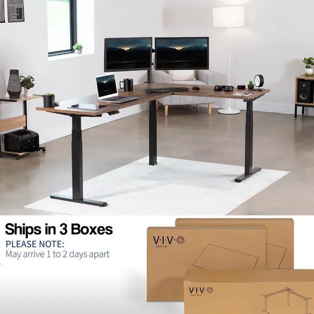 Alt view image 2 of 7 - VIVO Electric 78" x 55" Stand Up Corner Desk, Rustic Vintage Brown Tops, Black Frame