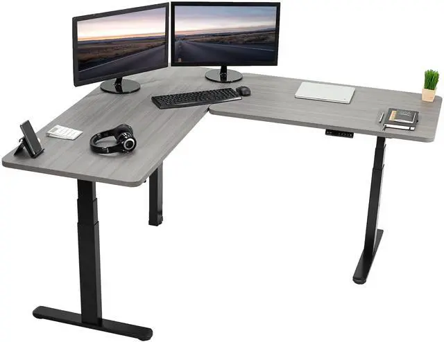 Main image of VIVO Electric Stand Up Corner Desk, Dark Gray Table Tops, Black Frame