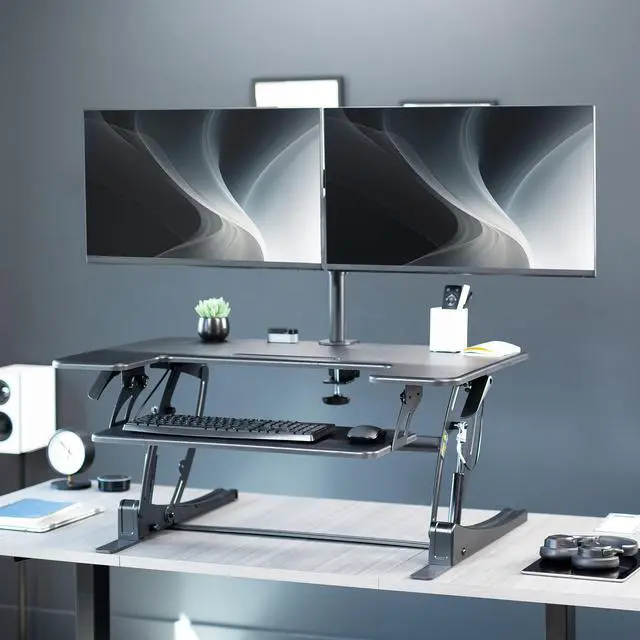Alt view image 2 of 7 - VIVO 36" Standing Desk Riser with Dual Articulating Arms for 13" to 30" Monitor Screens, Black, DESK-KIT-0V02
