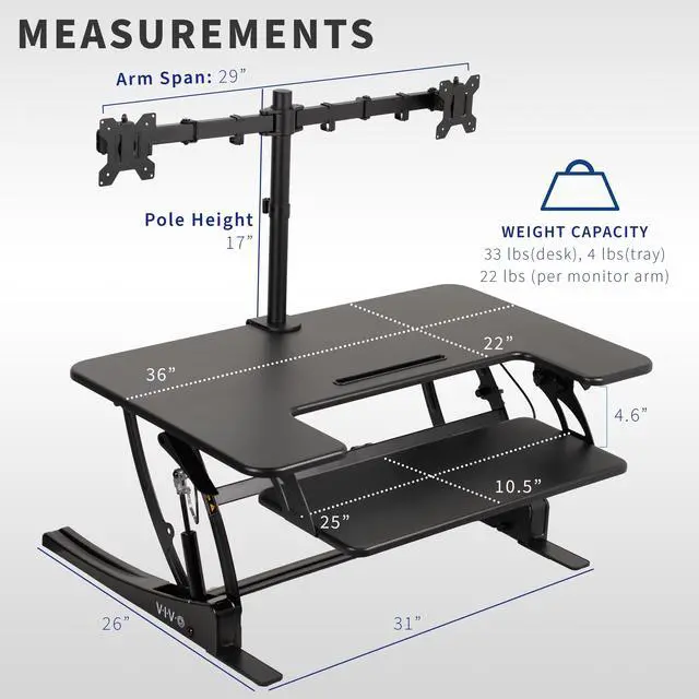 Alt view image 3 of 7 - VIVO 36" Standing Desk Riser with Dual Articulating Arms for 13" to 30" Monitor Screens, Black, DESK-KIT-0V02