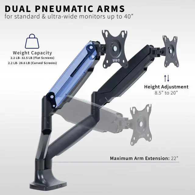 Alt view image 3 of 15 - VIVO Black Heavy Duty Dual Ultrawide Monitor Desk Mount Stand with Pneumatic Spring Arms, Fits Screens up to 35"