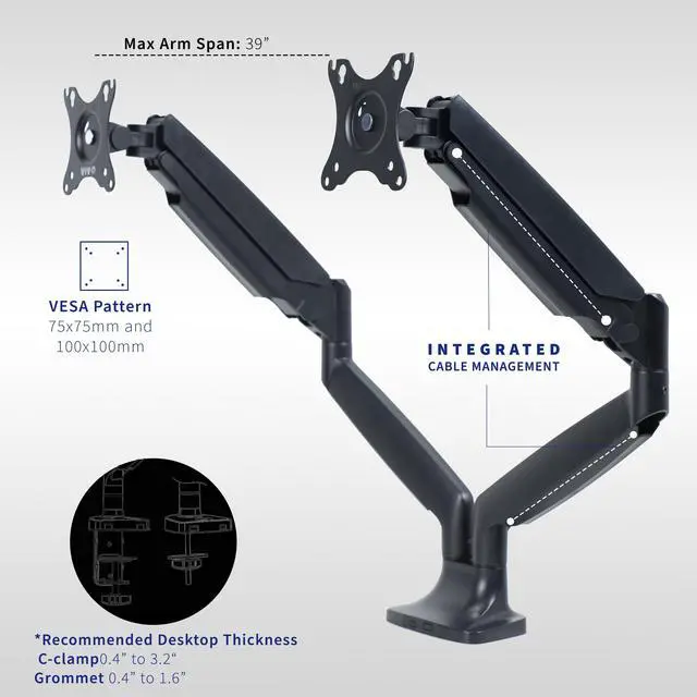 Alt view image 6 of 15 - VIVO Black Heavy Duty Dual Ultrawide Monitor Desk Mount Stand with Pneumatic Spring Arms, Fits Screens up to 35"