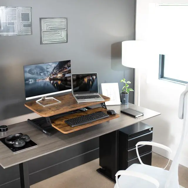 Alt view image 5 of 7 - VIVO Rustic Vintage Brown 32" Standing Desk Monitor Riser, Sit Stand Tabletop