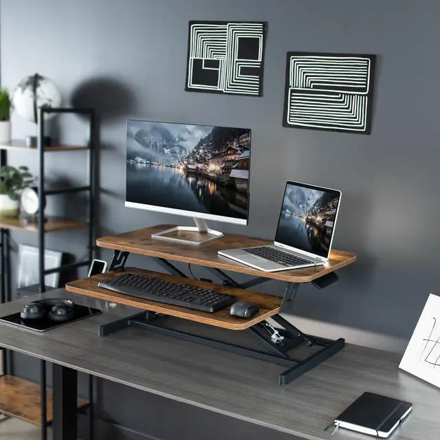 Alt view image 2 of 7 - VIVO Rustic Vintage Brown 32" Standing Desk Monitor Riser, Sit Stand Tabletop