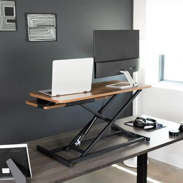 Alt view image 7 of 7 - VIVO Rustic Vintage Brown 32" Standing Desk Monitor Riser, Sit Stand Tabletop
