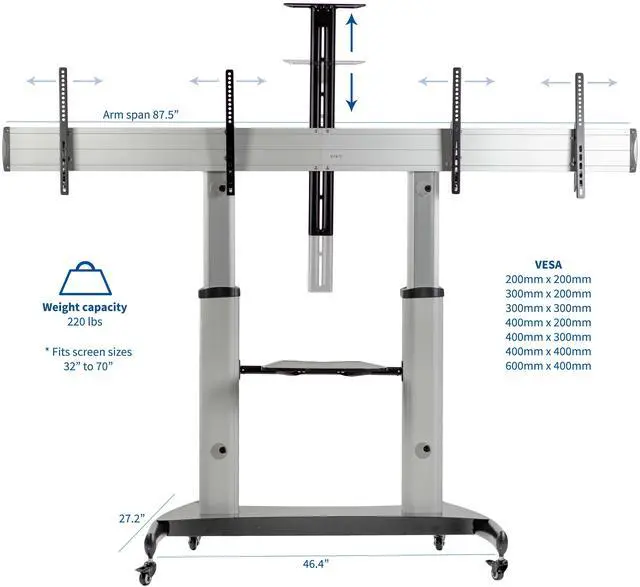 Alt view image 2 of 7 - VIVO Ultra Heavy Duty Mobile Cart Dual TV Stand | Fits Two 32" to 70" Screens