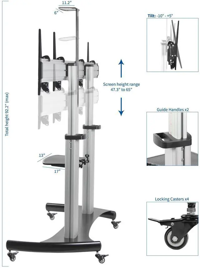 Alt view image 3 of 7 - VIVO Ultra Heavy Duty Mobile Cart Dual TV Stand | Fits Two 32" to 70" Screens