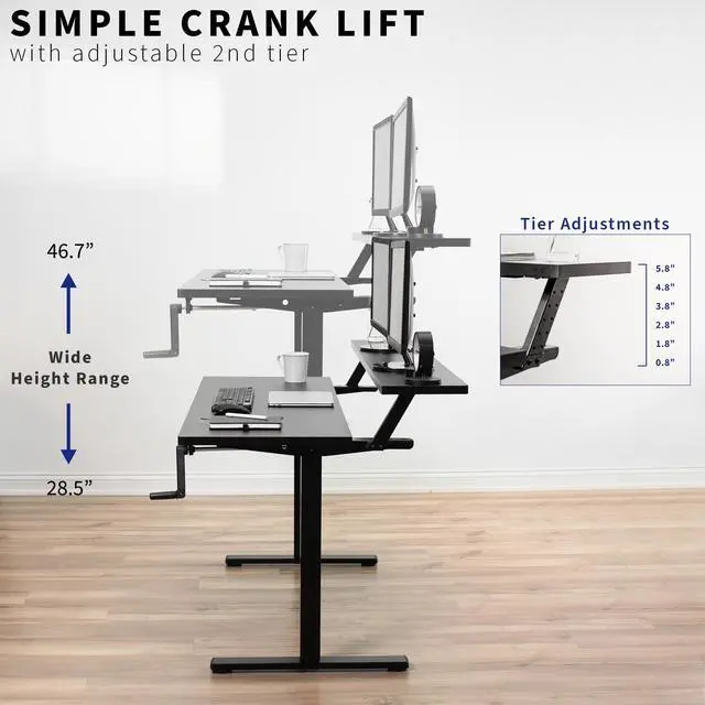 Alt view image 6 of 7 - VIVO Manual 55 x 30 Stand Up Desk, Black Dual Tier Table Top, Black Frame