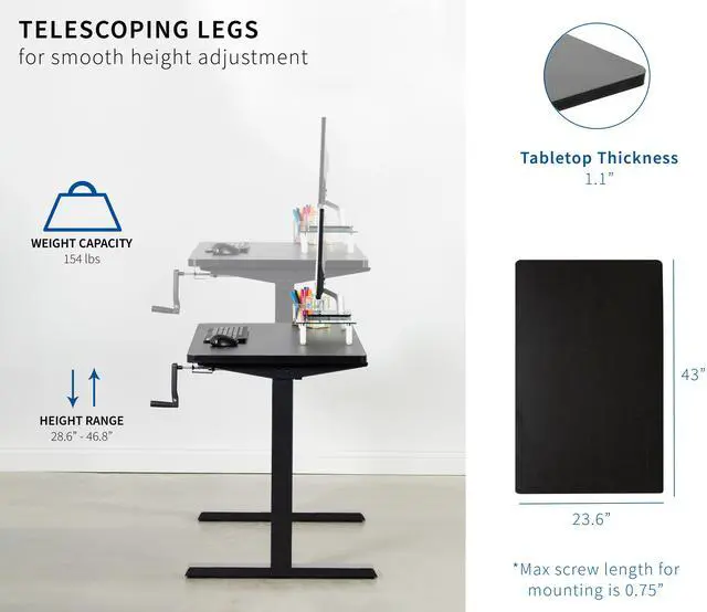 Alt view image 3 of 7 - VIVO Manual 43 x 24 Stand Up Desk | Black Table Top, Black Frame