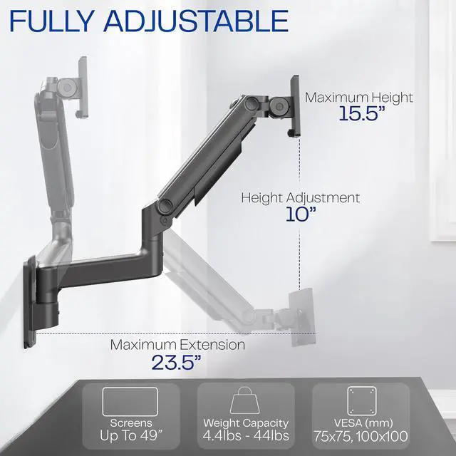 Alt view image 3 of 7 - VIVO Tension Arm Single Monitor Wall Mount, Fits Ultrawide Screens up to 49"