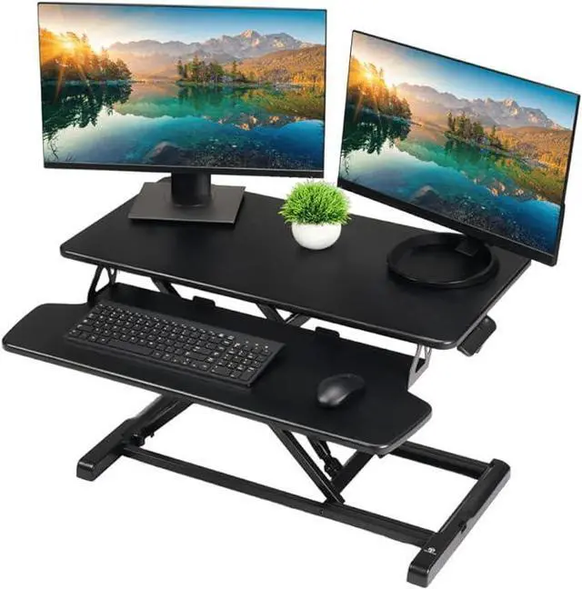 Alt view image 2 of 20 - TechOrbits Standing Desk Converter - 37" Stand Up Desk Riser - Tabletop Sit Stand Desk Fits Dual Monitors - Two Tiered Height Adjustable Workstation With Removal Keyboard Tray
