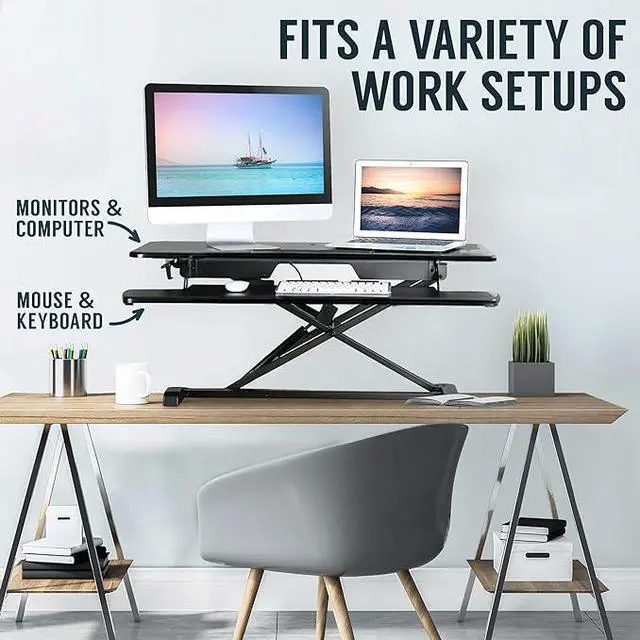Alt view image 17 of 20 - TechOrbits Standing Desk Converter - 37" Stand Up Desk Riser - Tabletop Sit Stand Desk Fits Dual Monitors - Two Tiered Height Adjustable Workstation With Removal Keyboard Tray