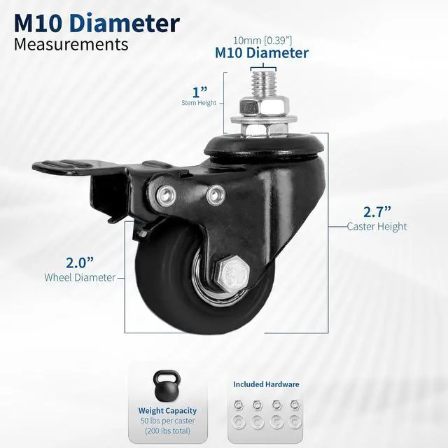 Alt view image 2 of 7 - VIVO 2 inch M10 Threaded Locking Caster Wheels (Set of 4) for TV Carts, Desk Frames, and More (PT-DK-020C)