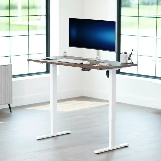 Alt view image 2 of 7 - VIVO Electric 55 x 28 Stand Up Desk, Vintage Brown Table Top, White Frame