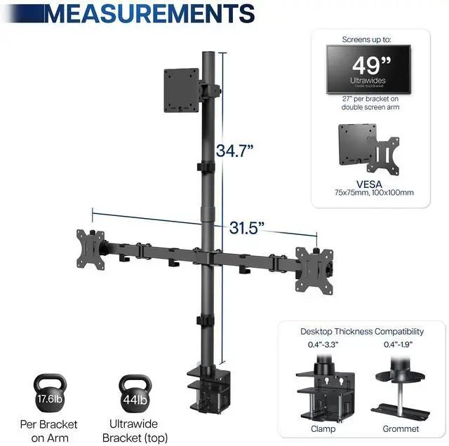 Alt view image 3 of 7 - VIVO Triple Computer Monitor Desk Mount, 1 Ultrawide up to 49", 2 Standard Screens up to 27", Black, STAND-V103T