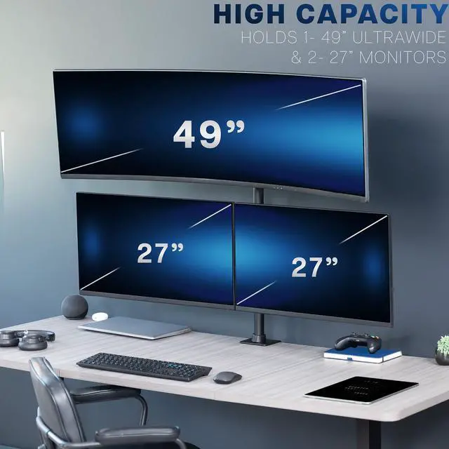 Alt view image 4 of 7 - VIVO Triple Computer Monitor Desk Mount, 1 Ultrawide up to 49", 2 Standard Screens up to 27", Black, STAND-V103T