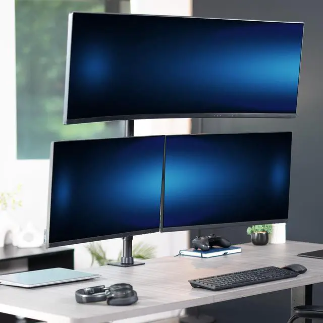 Alt view image 2 of 7 - VIVO Triple Computer Monitor Desk Mount, 1 Ultrawide up to 49", 2 Standard Screens up to 27", Black, STAND-V103T