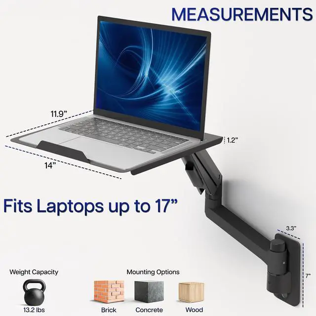 Alt view image 5 of 7 - VIVO Black Pneumatic Wall Mounted Laptop Tray, (MOUNT-KB35L)