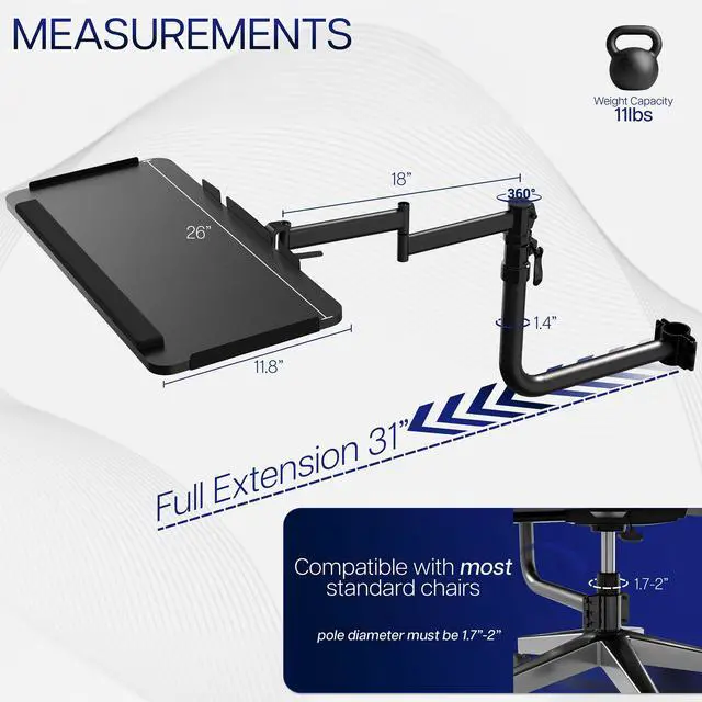 Alt view image 3 of 7 - VIVO Office Chair Mounted 26 x 12 inch Full Motion Keyboard and Mouse Tray, (MOUNT-KB18CP)