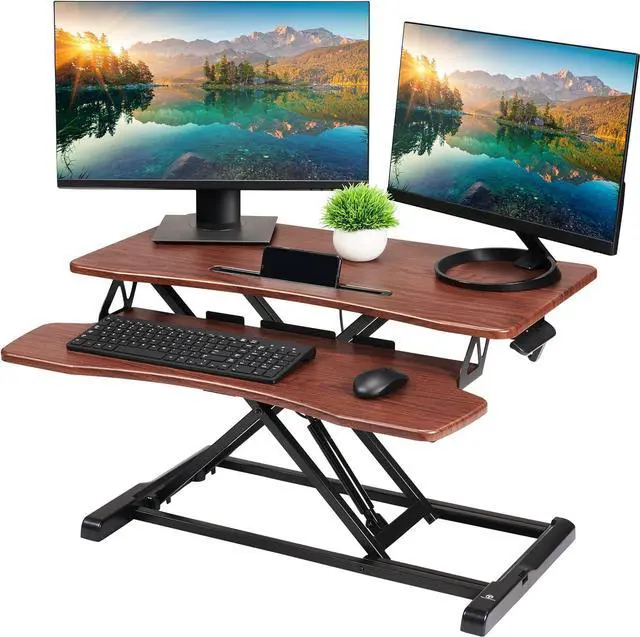 Alt view image 8 of 14 - TechOrbits Standing Desk - Stand Up Desk Converter And Monitor Riser - Height Adjustable Sit Stand Tabletop Workstation Wood Brown