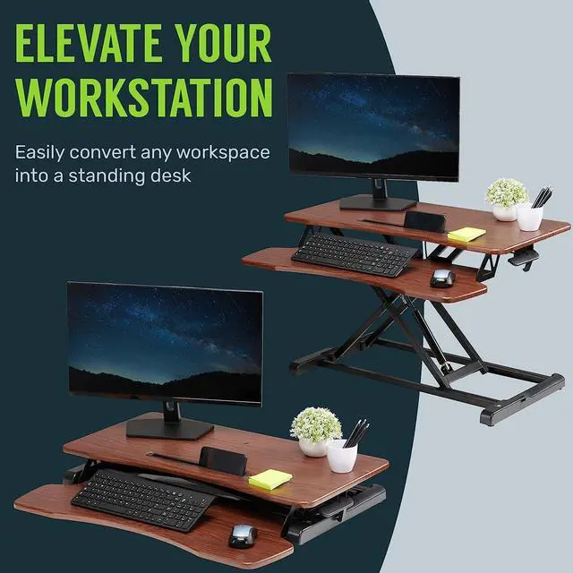 Alt view image 10 of 14 - TechOrbits Standing Desk - Stand Up Desk Converter And Monitor Riser - Height Adjustable Sit Stand Tabletop Workstation Wood Brown