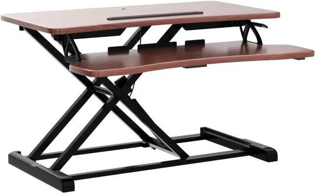 Alt view image 11 of 14 - TechOrbits Standing Desk - Stand Up Desk Converter And Monitor Riser - Height Adjustable Sit Stand Tabletop Workstation Wood Brown
