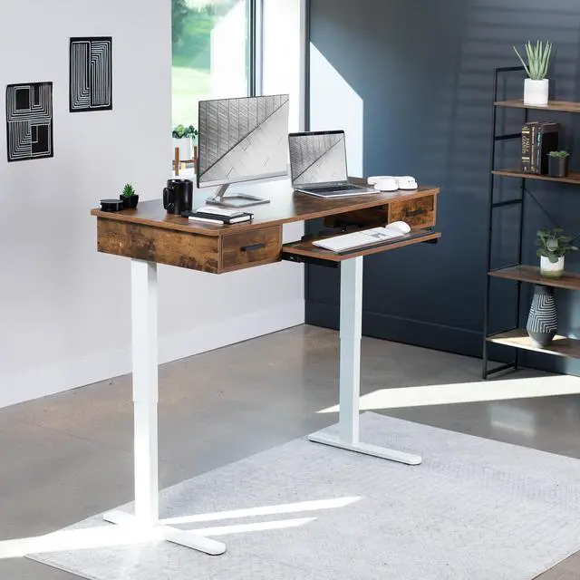 Alt view image 2 of 7 - VIVO Electric 55 x 24 Desk with Rear-set Legs, Vintage Brown Top, White Frame