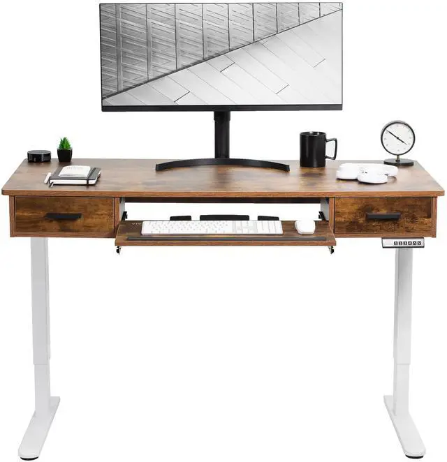 Main image of VIVO Electric 55 x 24 Desk with Rear-set Legs, Vintage Brown Top, White Frame