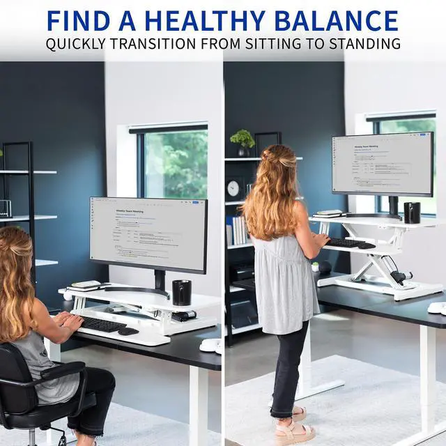 Alt view image 7 of 7 - VIVO White Electric 36" Standing Desk Monitor Riser, Dual Arm Sit Stand Tabletop