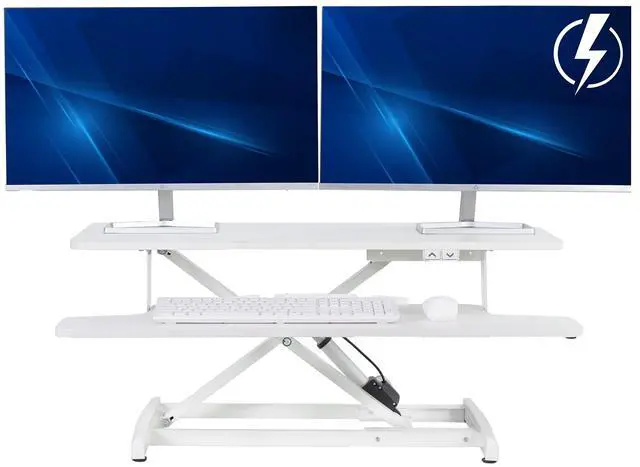 Main image of VIVO White Electric 36" Standing Desk Monitor Riser, Dual Arm Sit Stand Tabletop