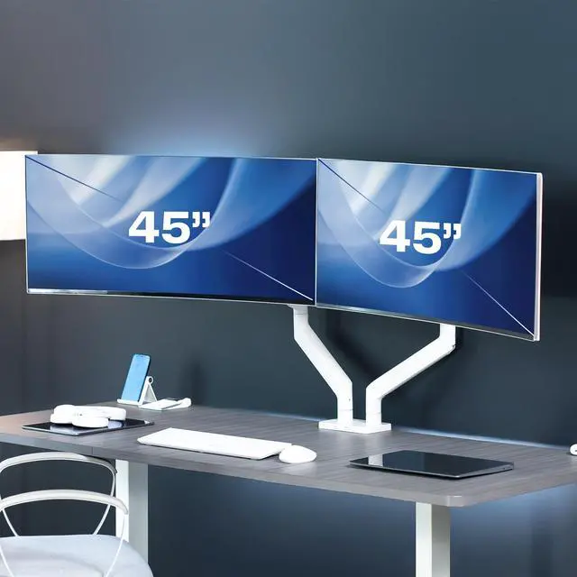 Alt view image 2 of 7 - VIVO White Tension Spring Dual Ultra Wide Monitor Mount, Up to 45" Computer Screens