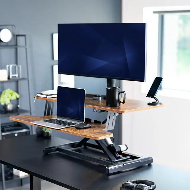 Alt view image 2 of 7 - VIVO Vintage Brown Electric 36" Standing Desk Monitor Riser, Sit Stand Tabletop