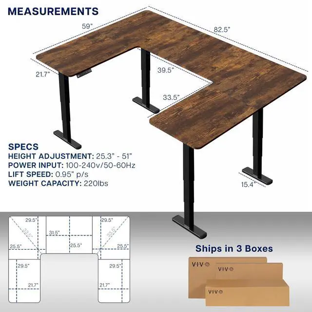 Alt view image 3 of 7 - VIVO Vintage Brown / Black U-Shaped 83" x 60" Height Adjustable 4-Leg Electric Desk