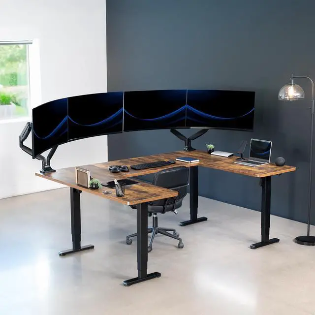 Alt view image 2 of 7 - VIVO Vintage Brown / Black U-Shaped 83" x 60" Height Adjustable 4-Leg Electric Desk