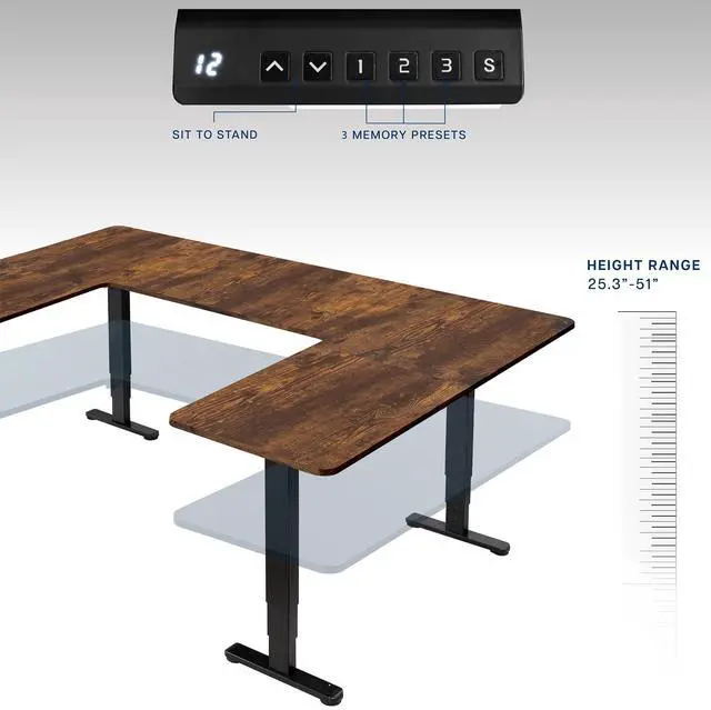 Alt view image 5 of 7 - VIVO Vintage Brown / Black U-Shaped 83" x 60" Height Adjustable 4-Leg Electric Desk