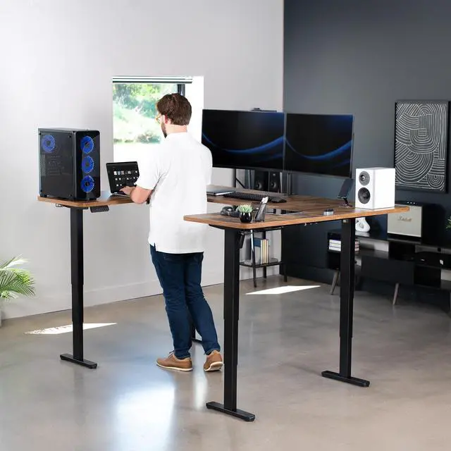 Alt view image 4 of 7 - VIVO Vintage Brown / Black U-Shaped 83" x 60" Height Adjustable 4-Leg Electric Desk