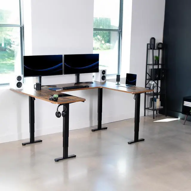 Alt view image 7 of 7 - VIVO Vintage Brown / Black U-Shaped 83" x 60" Height Adjustable 4-Leg Electric Desk