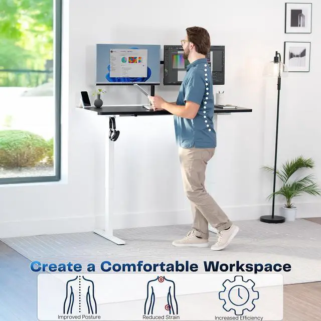 Alt view image 3 of 7 - VIVO Electric 60 x 24 Stand Up Desk | Black Table Top, White Frame