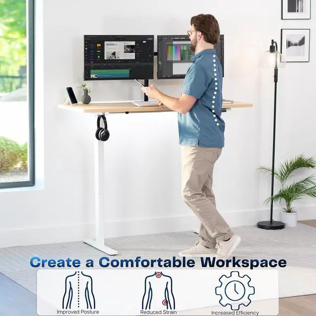 Alt view image 3 of 7 - VIVO Electric 60 x 24 Stand Up Desk | Light Wood Table Top, White Frame