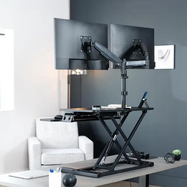 Alt view image 6 of 7 - VIVO 32" Standing Desk Riser with Dual Pneumatic Arms for 17" to 32" Monitors, Black, DESK-KIT-0K2K