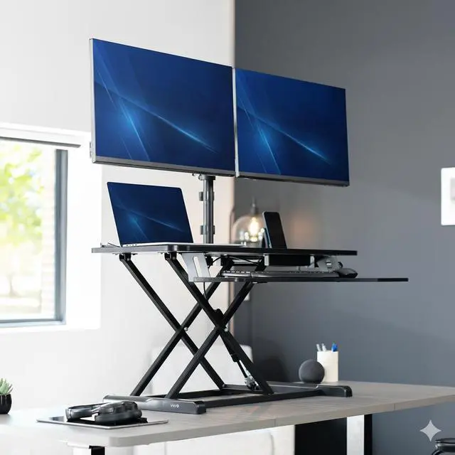 Alt view image 2 of 7 - VIVO Black 42" Standing Desk Riser with Dual Monitor Arm for up to 32" Screens