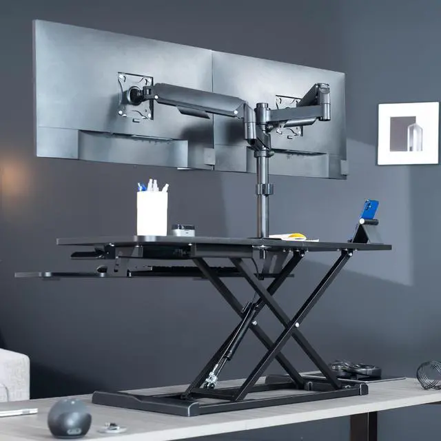 Alt view image 6 of 7 - VIVO Black 42" Standing Desk Riser with Dual Monitor Arm for up to 32" Screens