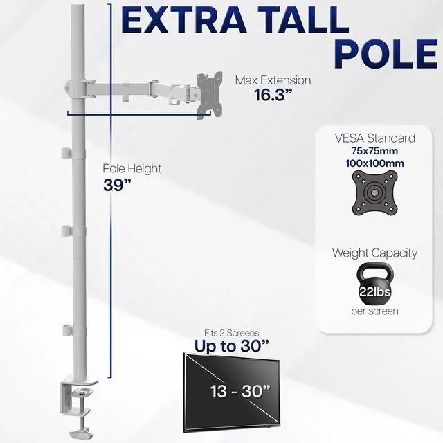 Alt view image 4 of 7 - VIVO White Single Monitor Tall Adjustable Mount, Fits Computer Screens up to 27"