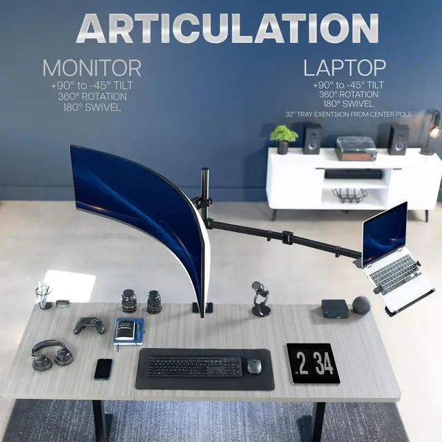 Alt view image 4 of 7 - VIVO Single Ultrawide Monitor + Single Laptop Desk Mount, Up to 49 inch Screens
