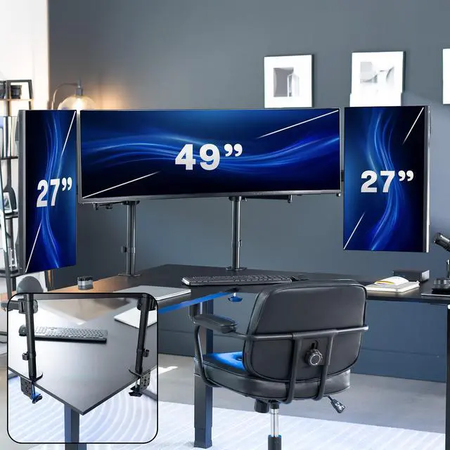 Alt view image 2 of 7 - VIVO Triple Ultrawide Monitor Desk Mount, 2 Poles, Up to 49" Screens