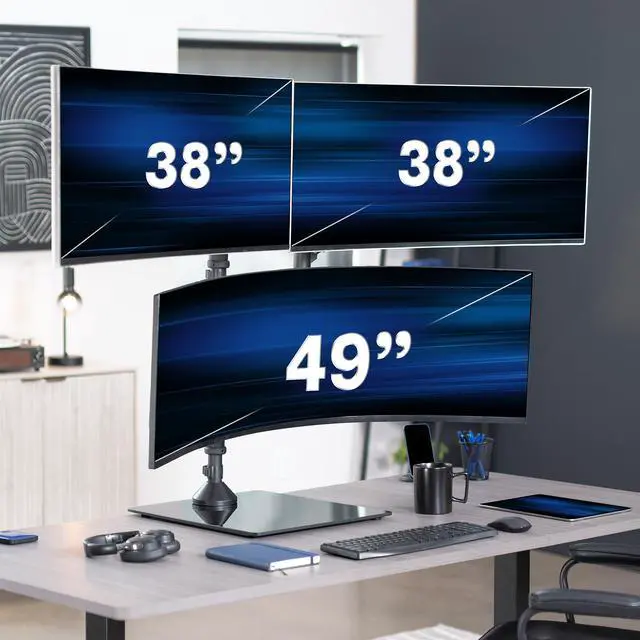 Alt view image 2 of 7 - VIVO Pneumatic Triple Ultrawide Monitor Desk Stand, Up to 49 inch Computer Screens