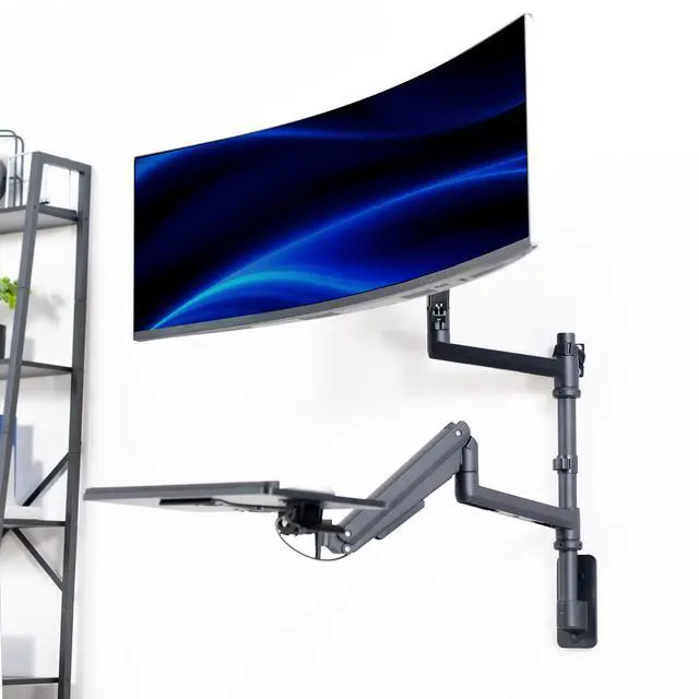 Alt view image 2 of 7 - VIVO Pneumatic Ultrawide Monitor Wall Mount + Keyboard Tray, Up to 49" Screens